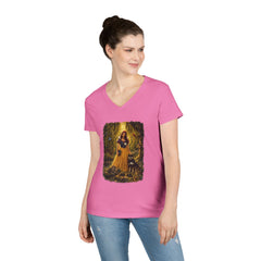 Fairy Tale Snow White & Dog V-Neck T-Shirt — Whimsical Princess Forest Graphic