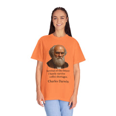 Darwin Coffee Funny T-Shirt — "Survival of the Fittest? I Barely Survive Coffee Shortages."