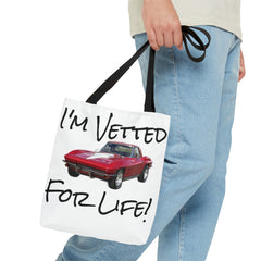 I'm Vetted For Life! / Tote Bag (AOP) / for him / for her / collector car / Chevrolet Corvette / Chevy / Little RED Corvette /