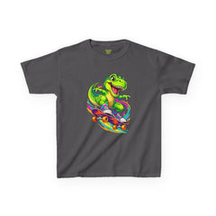 Kids Skateboarding T‑Rex Tee — Neon Dino Skateboard Shirt for Boys & Girls