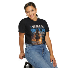 Women's Leg Amputee Walk to Win Water Leg Beach T-Shirt — Motivational Ocean Sunset Graphic Tee