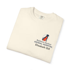 Elizabeth Gill Front Logo Back Graphic Baldwin Harbor Animal Hospital "Who Let the Cats Out?" T Shirt