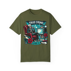True crime junkie tshirt, vintage style tee, skeleton graphic tee, relaxed fit tee, crime lover, mystery lover, stylish tshirt for her/him.