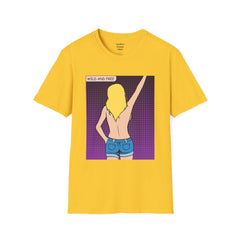 WILD AND FREE Pop Art Blonde Hair Girl with denim shorts and no top Unisex Softstyle T Shirt