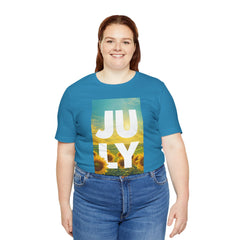 July Sunflower T‑Shirt – Summer Graphic Tee with 'JULY' Text