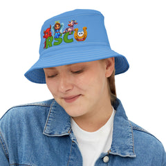 Unisex Bucket Hat - Russell Sage College Mascot Characters Purple Cow, Red Devil, Golden Horseshoe, Blue Angel