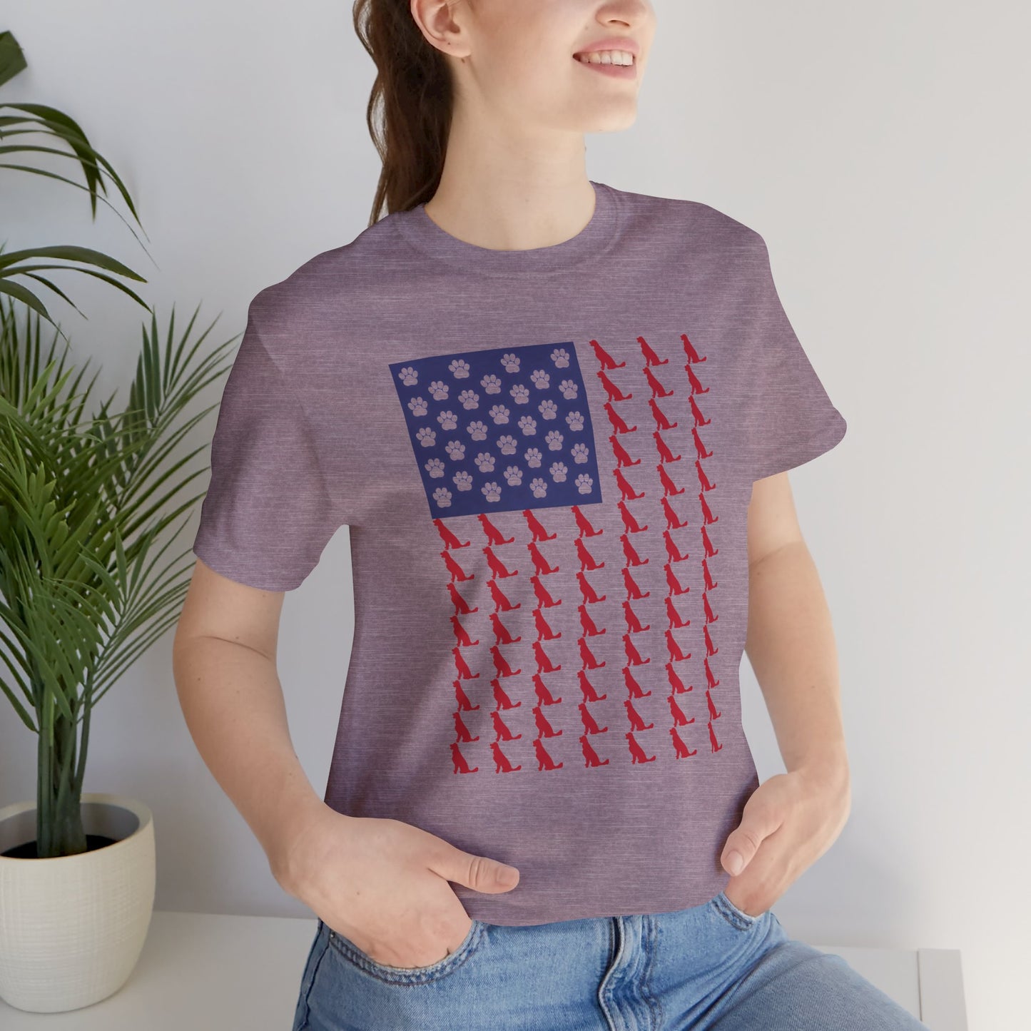 Personalized Dog Silhouette on American Flag - Tell us your dog breed, Unisex Short Sleeve Tee, Golden Retriever Silhouette Shown, Patriotic Shirt, Patriotic Pooch