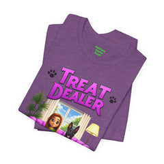 Personalized Treat Dealer T-Shirt — Funny Pet Lover Tee with Girl and Dog on Purple Couch