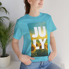 July Sunflower T‑Shirt – Summer Graphic Tee with 'JULY' Text