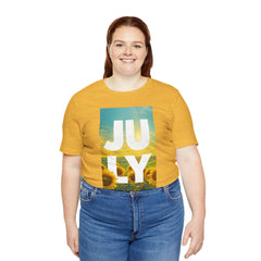 July Sunflower T‑Shirt – Summer Graphic Tee with 'JULY' Text