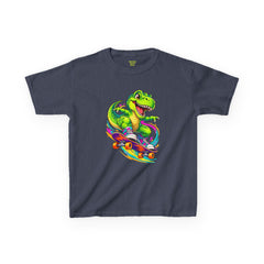 Kids Skateboarding T‑Rex Tee — Neon Dino Skateboard Shirt for Boys & Girls