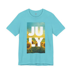 July Sunflower T‑Shirt – Summer Graphic Tee with 'JULY' Text