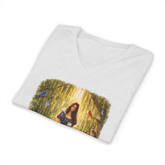 Forest Maiden V-Neck Tee — Woman with Dog & Nature Illustration