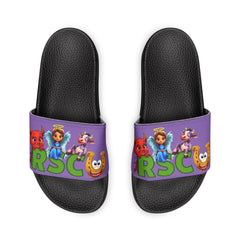Russell Sage College Mascot Characters Graphic Women's Summer Slide Sandals -  Purple Cow, Red Devil, Golden Horseshoe, Blue Angel