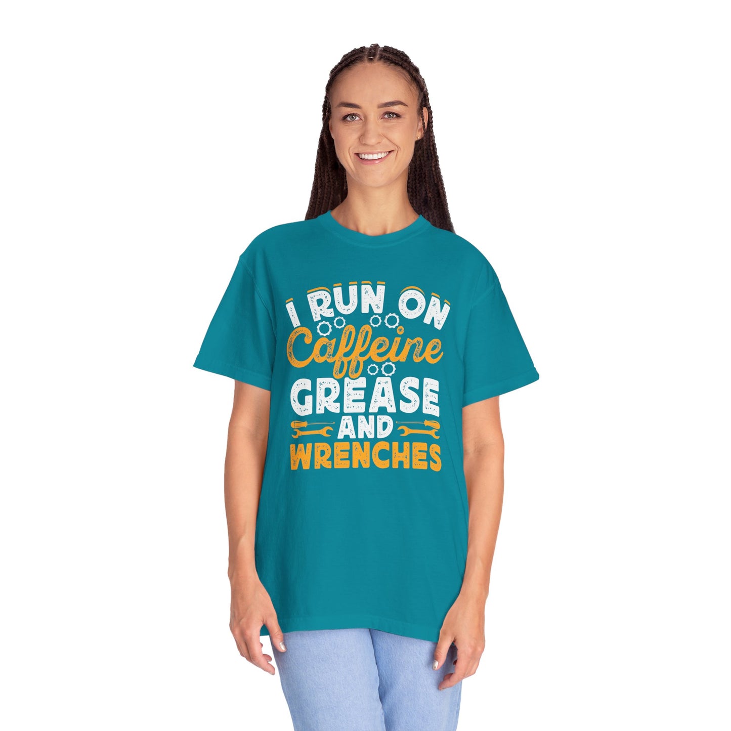 I Run On Caffeine, Grease and Wrenches, Fun Mechanic Quote, Comfort Colors Unisex Relaxed Fit T Shirt