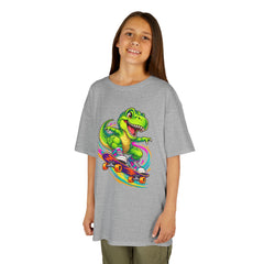 Kids Skateboarding T‑Rex Tee — Neon Dino Skateboard Shirt for Boys & Girls