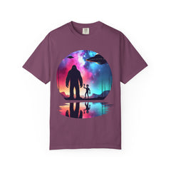 Bigfoot & Alien Nightscape T-Shirt — Sasquatch UFO Graphic Tee