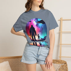 Bigfoot & Alien Nightscape T-Shirt — Sasquatch UFO Graphic Tee