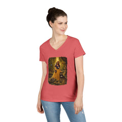 Fairy Tale Snow White & Dog V-Neck T-Shirt — Whimsical Princess Forest Graphic