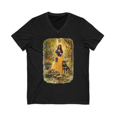 Forest Maiden V-Neck Tee — Woman with Dog & Nature Illustration