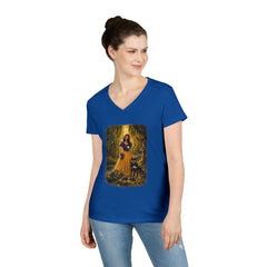 Fairy Tale Snow White & Dog V-Neck T-Shirt — Whimsical Princess Forest Graphic