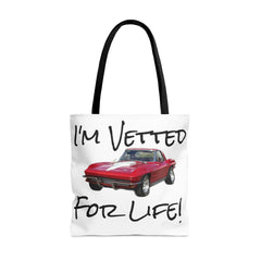 I'm Vetted For Life! / Tote Bag (AOP) / for him / for her / collector car / Chevrolet Corvette / Chevy / Little RED Corvette /