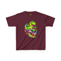 Kids Skateboarding T‑Rex Tee — Neon Dino Skateboard Shirt for Boys & Girls
