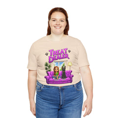 Personalized Treat Dealer T-Shirt — Funny Pet Lover Tee with Girl and Dog on Purple Couch