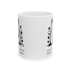 Espresso yourself, just not before I've had my coffee. - Ceramic Mug 11oz / Cat making a 'shh' gesture with one paw / paw holds a coffee mug