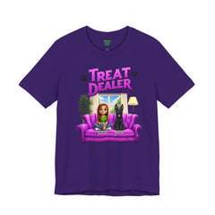 Personalized Treat Dealer T-Shirt — Funny Pet Lover Tee with Girl and Dog on Purple Couch