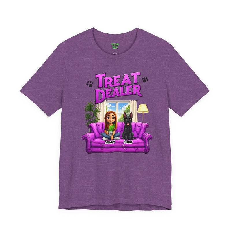 Personalized Treat Dealer T-Shirt — Funny Pet Lover Tee with Girl and Dog on Purple Couch