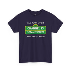 FUNNY T SHIRT  ALL YOUR LIFE IS CHANNEL 13 SESAME STREET WHAT DOES IT MEAN? MUSIC LYRICS. Unisex Heavy Cotton Tee