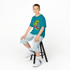 Kids Skateboarding T‑Rex Tee — Neon Dino Skateboard Shirt for Boys & Girls
