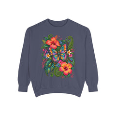 Floral Butterfly Sweatshirt — Tropical Hibiscus Garden Crewneck