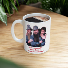 Cause every girl crazy 'bout a sharp-dressed man / ZZ Top / 80s Music / Eliminator / Red on White Mug / See Our Matching T Shirts