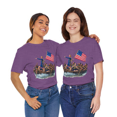 Historical Fever Patriot T‑Shirt — Revolutionary Flag Rowboat Design