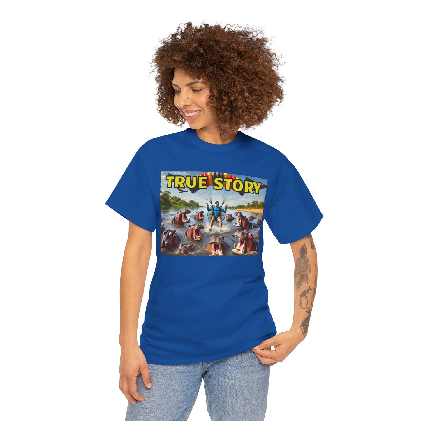 Amputee Humor True Story Paragliding into Hungry Hippos - Unisex Heavy Cotton Tee