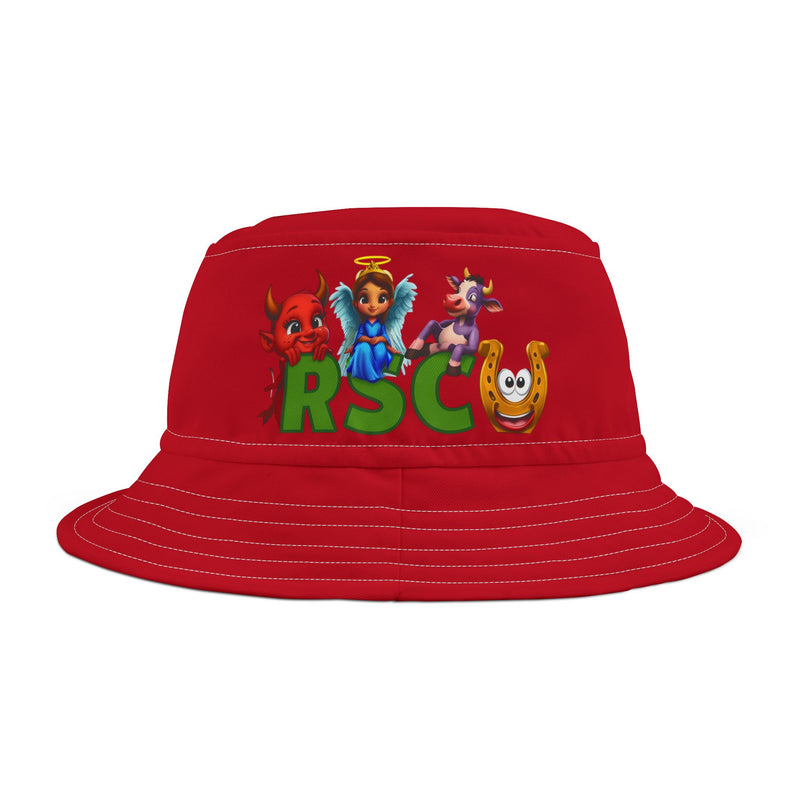 Unisex Bucket Hat - Russell Sage College Mascot Characters Purple Cow, Red Devil, Golden Horseshoe, Blue Angel