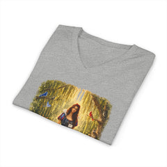 Forest Maiden V-Neck Tee — Woman with Dog & Nature Illustration