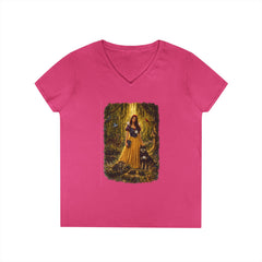 Fairy Tale Snow White & Dog V-Neck T-Shirt — Whimsical Princess Forest Graphic