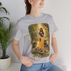 Fairy Tale Forest Tee — Woman with Dog Vintage Fantasy Graphic Shirt