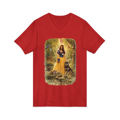 Forest Maiden V-Neck Tee — Woman with Dog & Nature Illustration