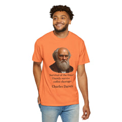 Darwin Coffee Funny T-Shirt — "Survival of the Fittest? I Barely Survive Coffee Shortages."