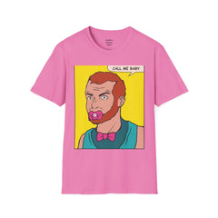 Call Me Baby Unisex Softstyle T-Shirt  Pop Art Bearded Guy with a pacifier and a bow tie