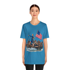Historical Fever Patriot T‑Shirt — Revolutionary Flag Rowboat Design