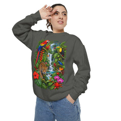 Tropical Jungle Waterfall With Leopard and Parrot Sweatshirt