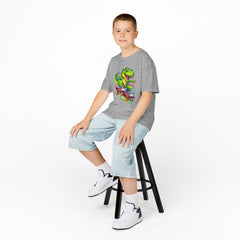 Kids Skateboarding T‑Rex Tee — Neon Dino Skateboard Shirt for Boys & Girls