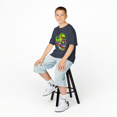Kids Skateboarding T‑Rex Tee — Neon Dino Skateboard Shirt for Boys & Girls