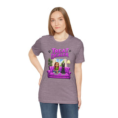 Personalized Treat Dealer T-Shirt — Funny Pet Lover Tee with Girl and Dog on Purple Couch