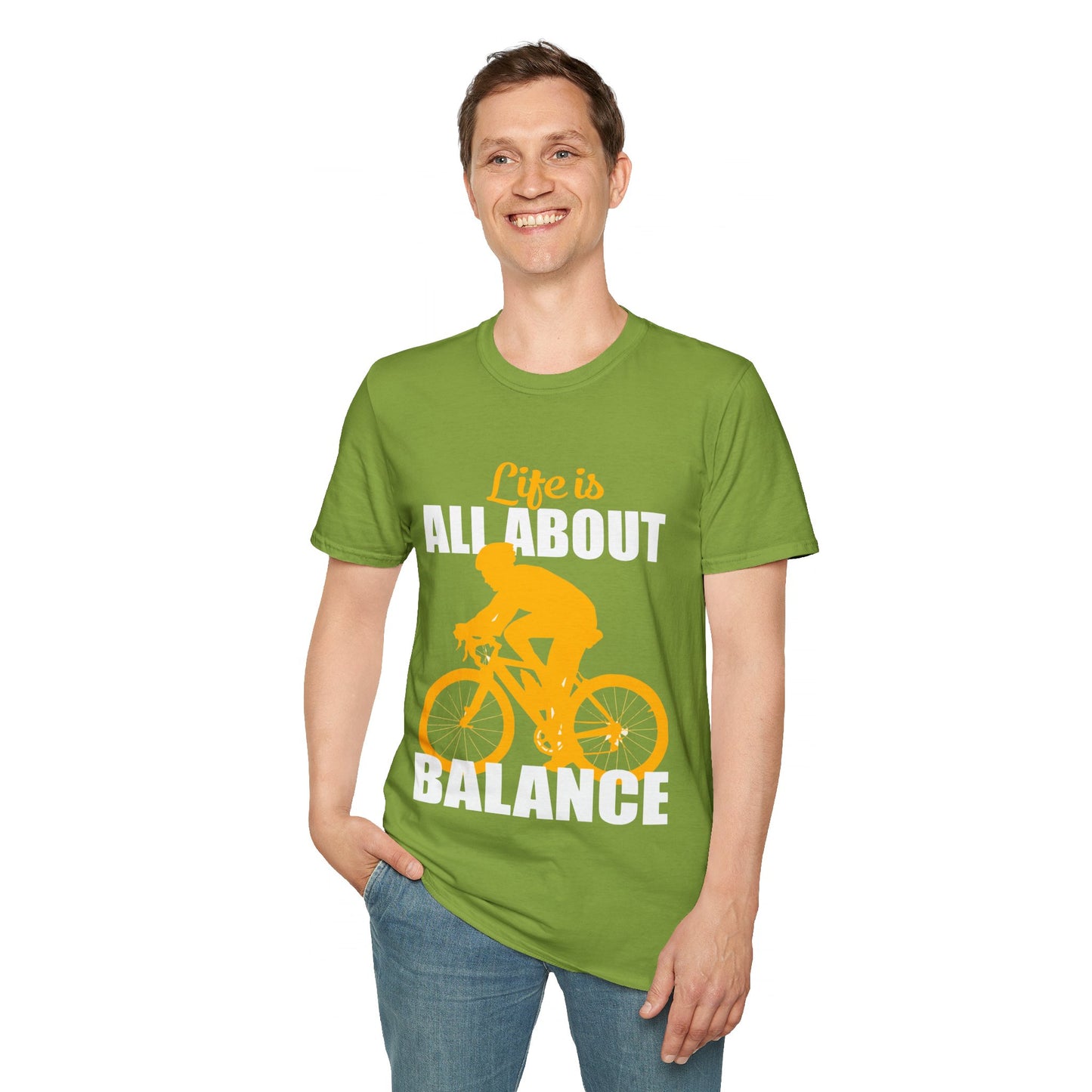 Life Is All About Balance Unisex Softstyle T-Shirt  For the Cyclist in Your Life, Biking Bicycling Exercise Motivation Just Do It